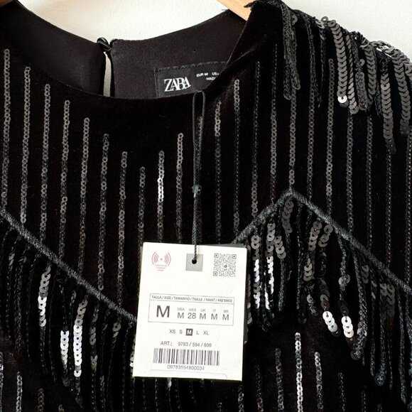 Zara Velvet Sequin Fringe Dress NWT Black Size Medium - Picture 7 of 9